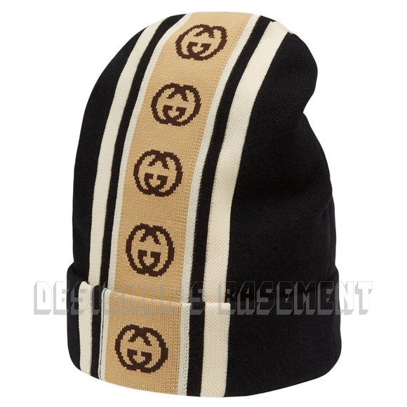 GUCCI black with beige INTERLOCKING G logo stripe wool oversized Beanie hat M-58 main image 5
